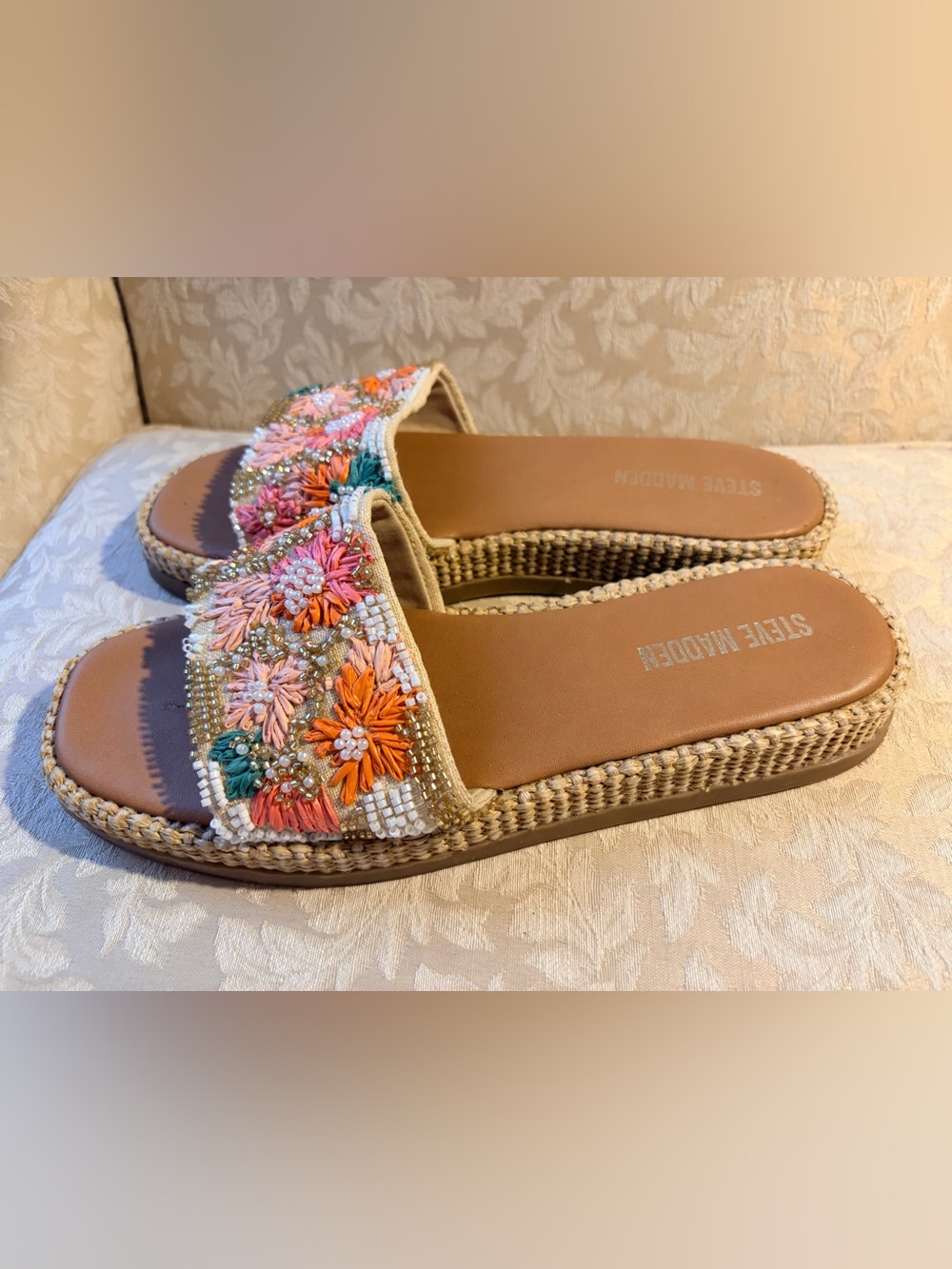 Steve Madden Tan Slide Sandals with Orange, Peach & Green Floral Embroidery